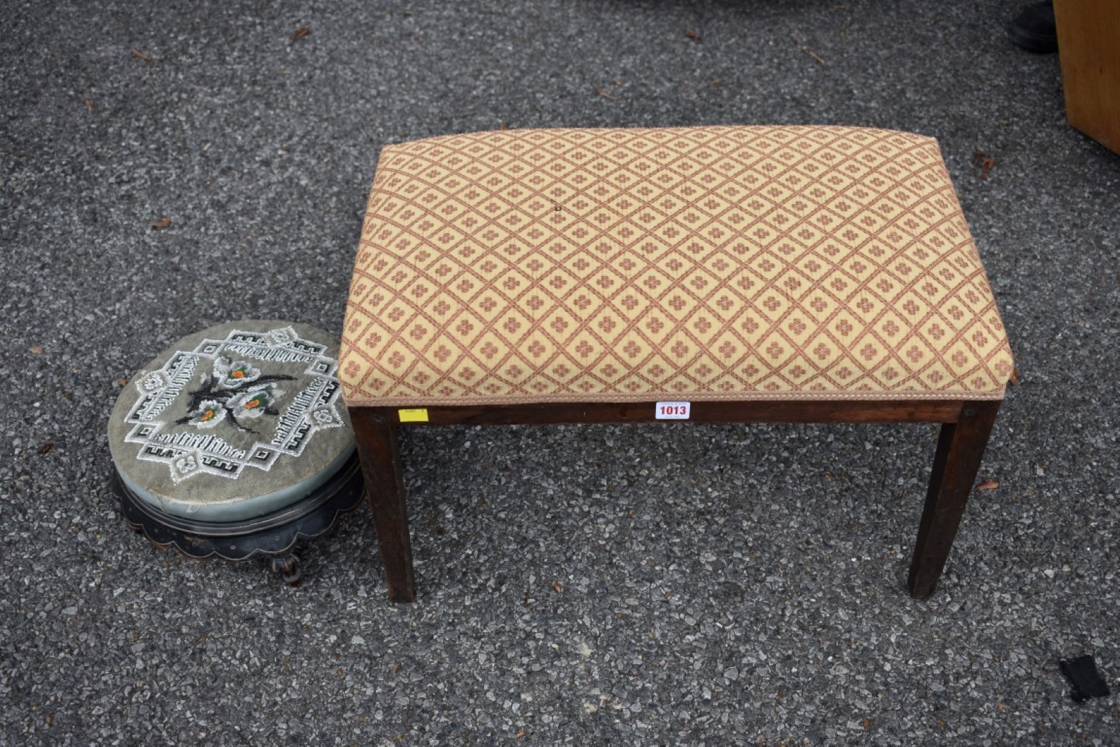 An old mahogany stool; together with another stool having beadwork top.