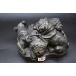 Don Wieden, 'A Pile of Pugs', limited edition bronze sculpture, on oak base, 26cm wide.