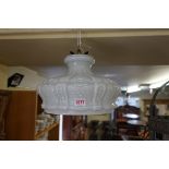 An old moulded opaque glass ceiling light, 28cm diameter.