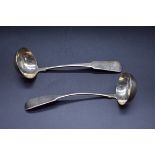 Two Scottish provincial George III silver fiddle pattern sauce or toddy ladles, by Robert Keay,