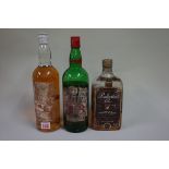 Three old bottles of blended whisky, comprising: a 1 US quart bottle of Dewars White label, (ts);
