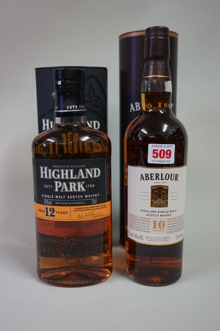 Two 70cl bottles of single malt whisky, comprising: Highland Park 12 year old, in tube; and Aberlour