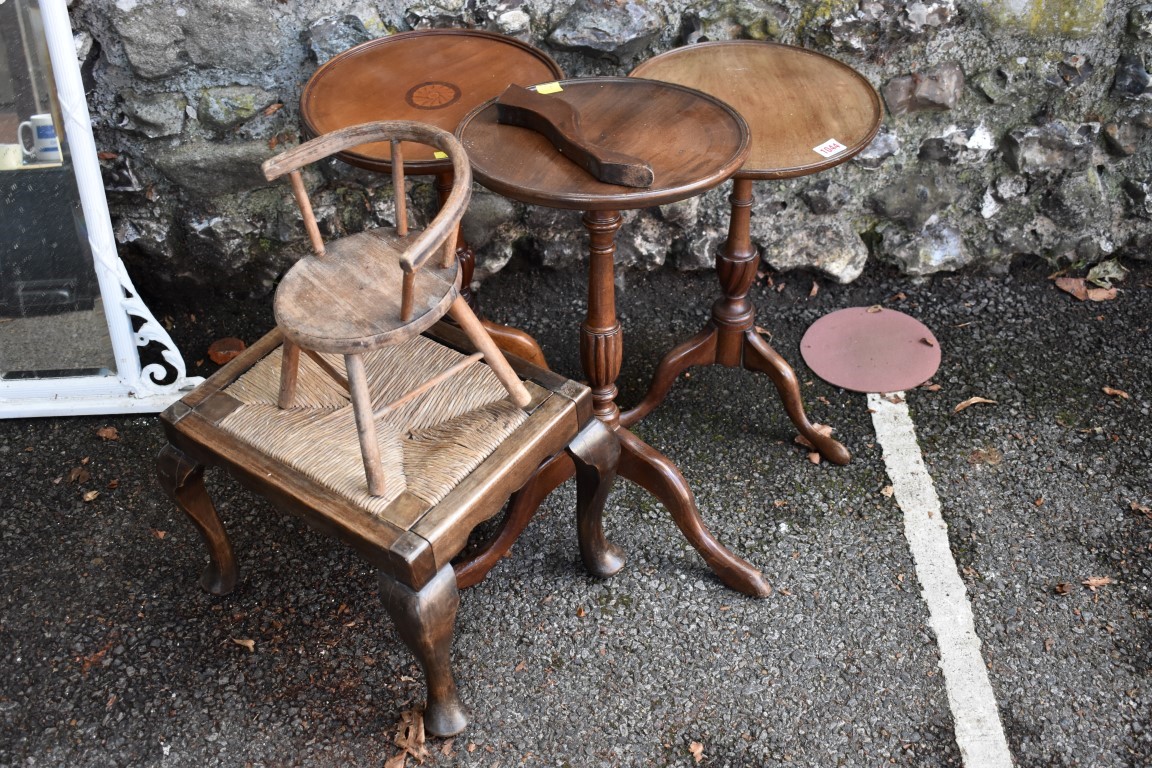 A mahogany wine table; together with an Edwardian wine table, a stool, a miniature chair and one