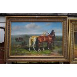 English School, 20th century, horses by a barn; horses in a landscape, a pair, unsigned, oil on
