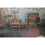 An antique bureau; together with a small hanging corner cupboard, an antique chair and a tripod