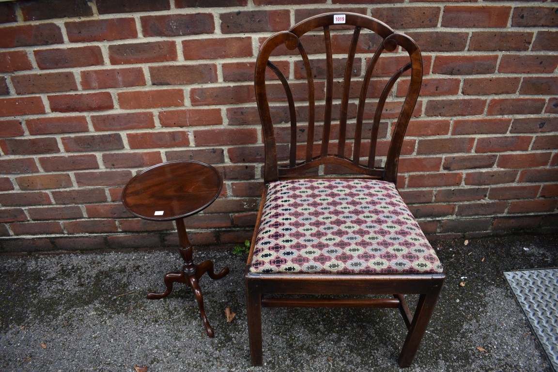 An antique mahogany dining chair; together with a reproduction wine table.