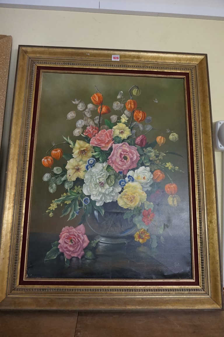 Ethelwyn Shiel, still life of flowers in a glass vase, signed and dated 72, oil on canvas, 80 x