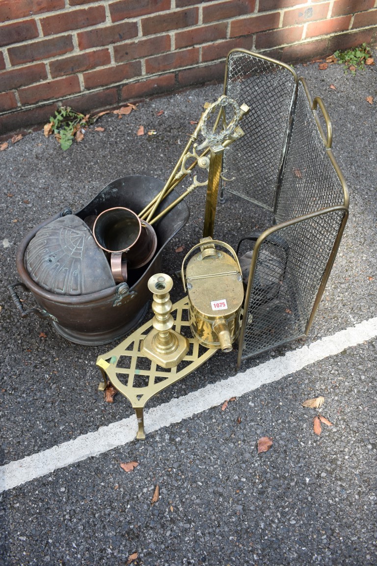 A quantity of metalware; to include; a coal scuttle, spark guard and an old lantern.