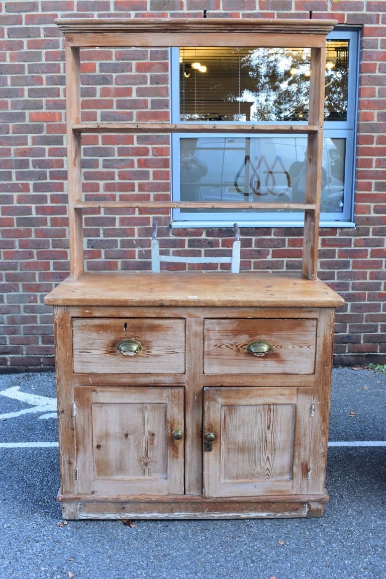 A pitch pine dresser and rack, 112cm wide x 61.5cm deep.