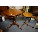 (LC) A reproduction circular tripod table; together with an Edwardian inlaid wine table.