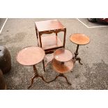 An old mahogany shaving stand; together with two tripod tables and a two tier table.
