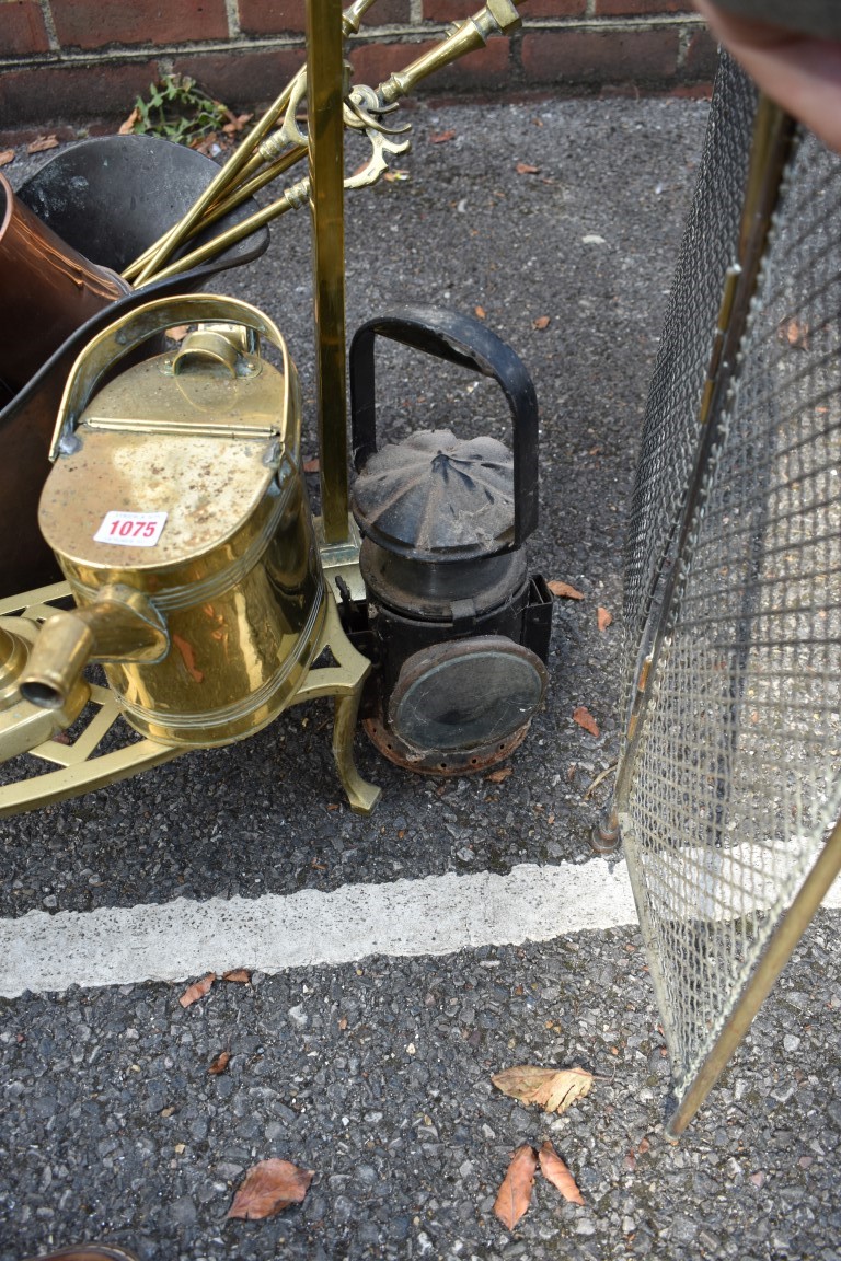A quantity of metalware; to include; a coal scuttle, spark guard and an old lantern. - Image 2 of 3