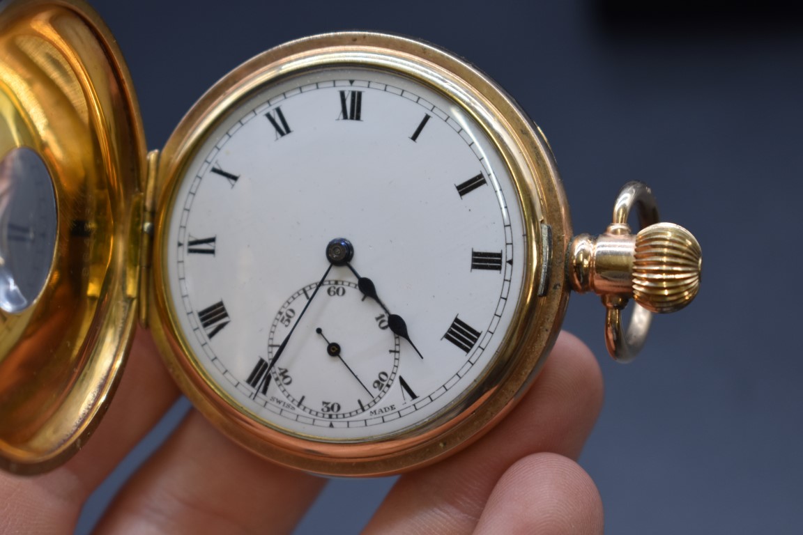 A 10k rolled gold half hunter stem wind pocket watch, 50mm, unsigned enamel dial, and Swiss - Image 2 of 2