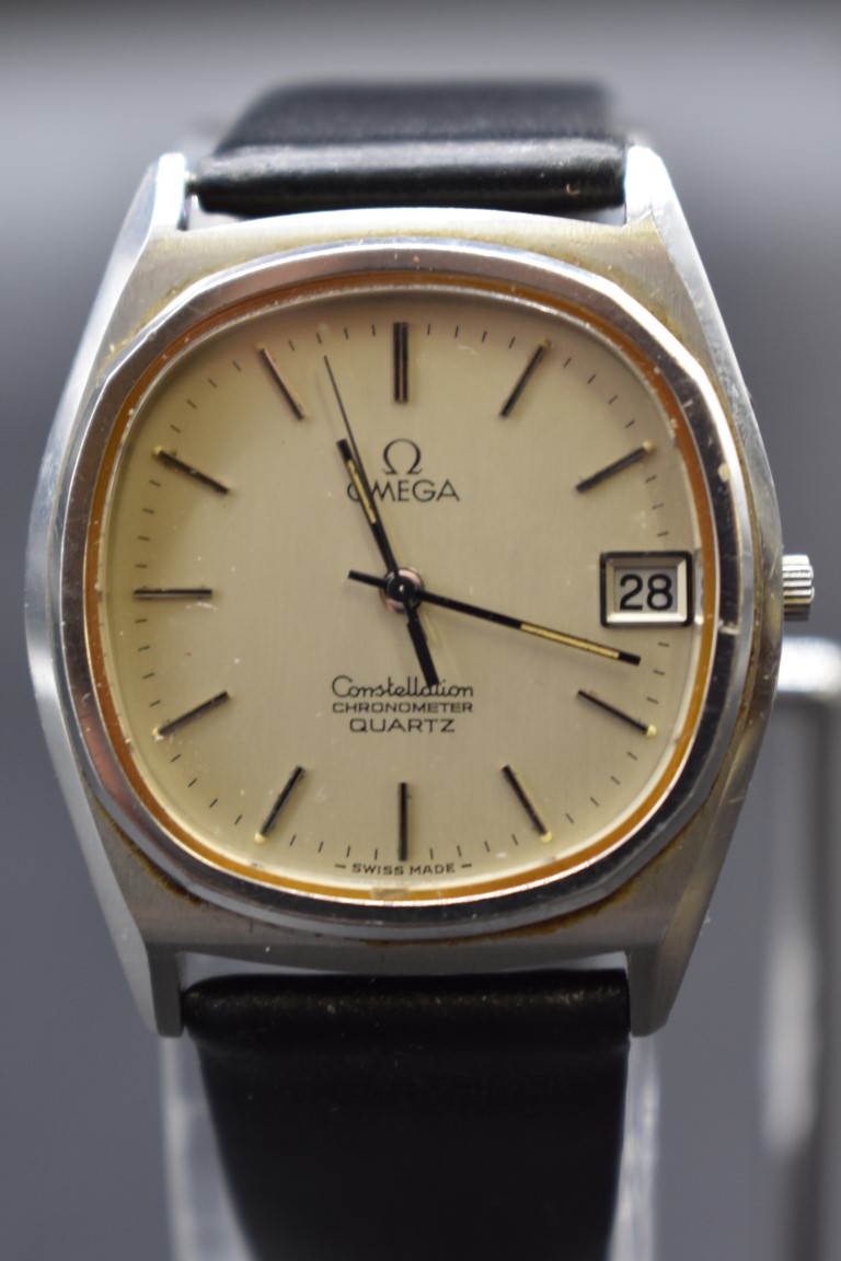 A vintage Omega 'Constellation' chronometer quartz stainless steel wristwatch, 34mm, on later - Image 2 of 3