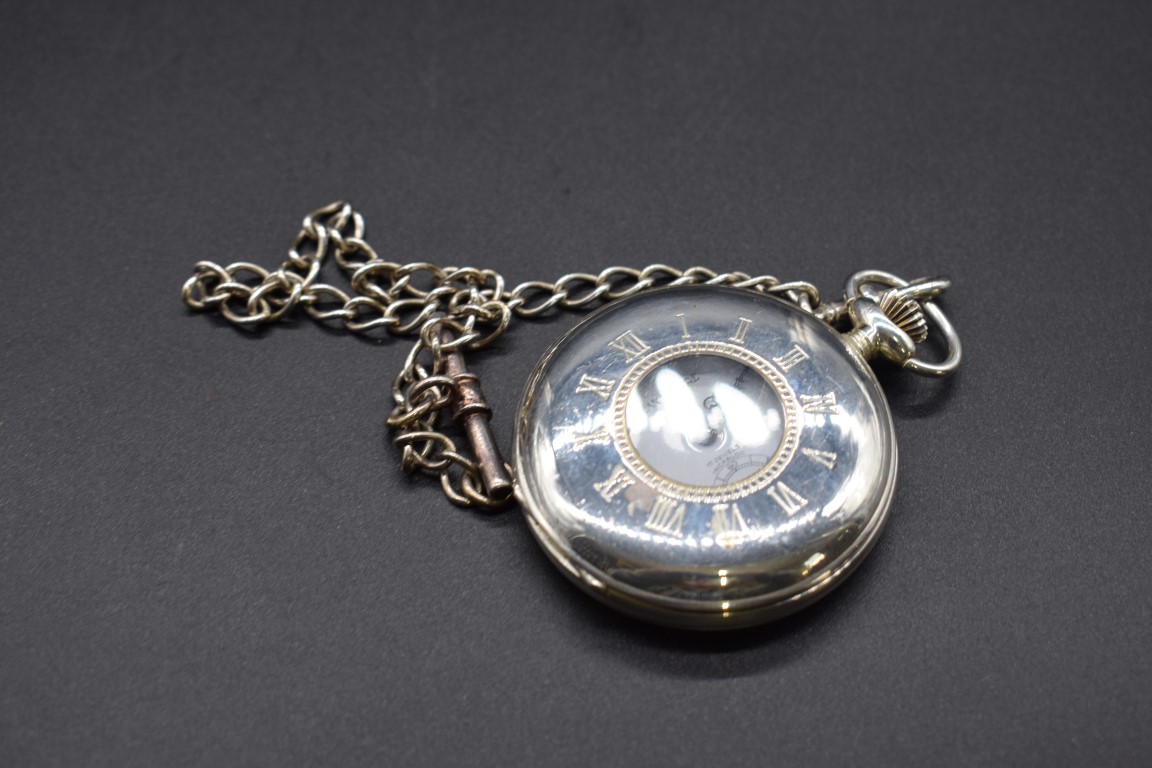 A Jean Pierre 925 half hunter stem wind pocket watch, 50mm, with attached watch chain stamped 925.