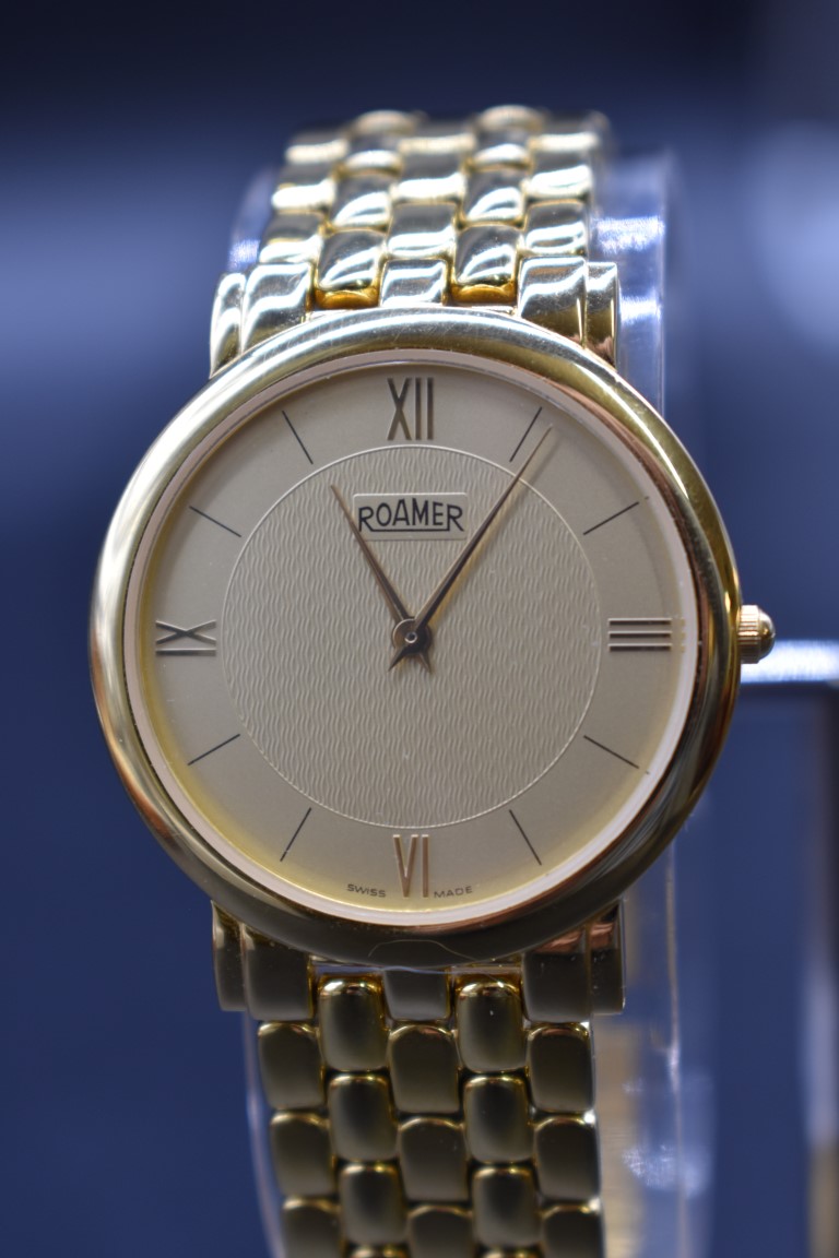 A circa 1999 Roamer gold plated wristwatch, 39mm, Ref 510957, with box and guarantee card. - Image 2 of 5