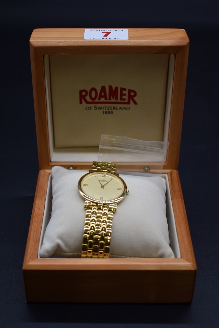 A circa 1999 Roamer gold plated wristwatch, 39mm, Ref 510957, with box and guarantee card. - Image 5 of 5