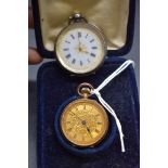 A Continental 9ct gold stem wind fob watch, 31mm, import mark London 1909, in an associated fitted