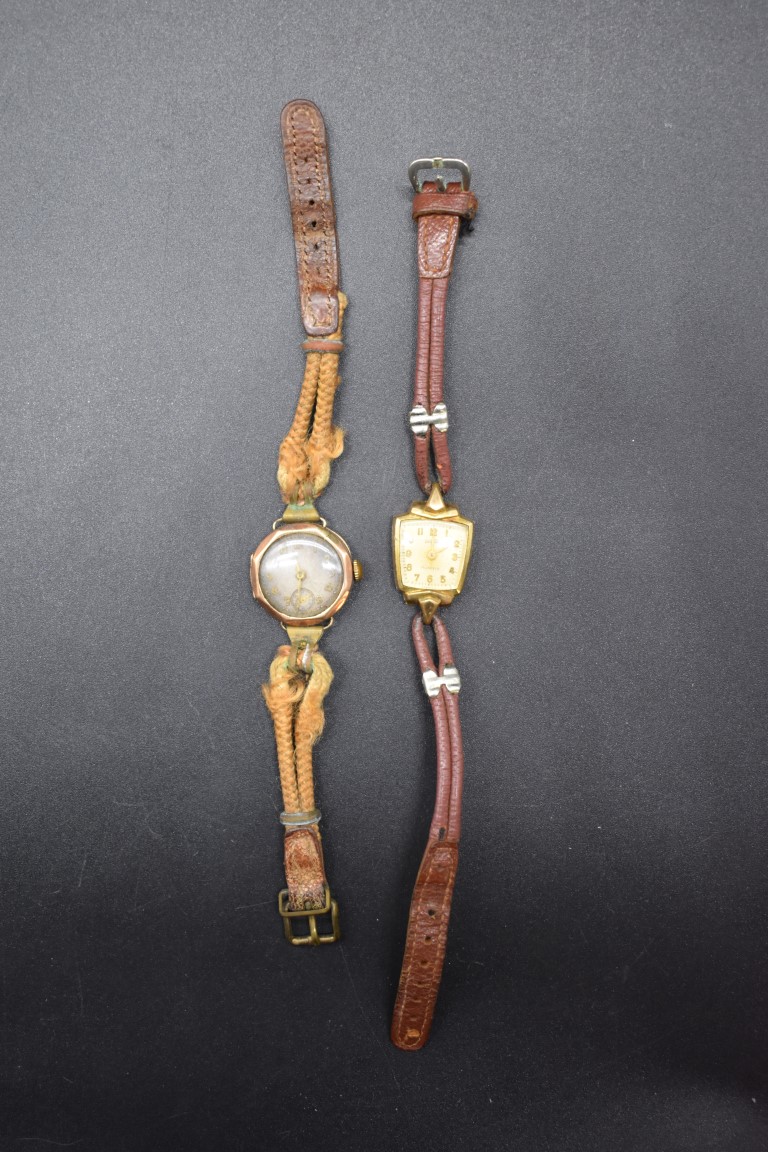 A 1930s 9ct gold ladies wristwatch; together with a vintage gold plated ladies wristwatch.