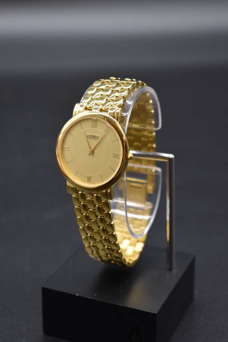 A circa 1999 Roamer gold plated wristwatch, 39mm, Ref 510957, with box and guarantee card.