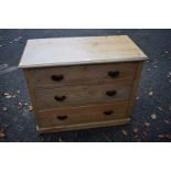 An old pine three drawer chest, 92cm wide x 45cm deep x 76cm high.