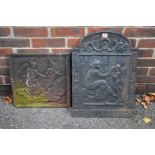A cast iron fireback, 58cm high x 42cm wide; together with one smaller example, 40cm x 40cm.