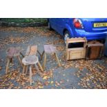 Four old stools; together with two hanging wall shelves.