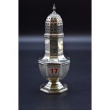 A silver sugar caster, of octagonal form, by Viners, Sheffield 1937, 17cm, 173g.