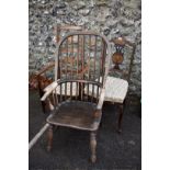 An inlaid salon chair; together with a ladderback elbow chair and a Windsor style chair.