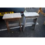 Two similar old pine 'coffin' stools.