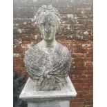 Garden statues: A carved white marble portrait bust of a lady, signed Simonds Fec Roma 1865, 71cm