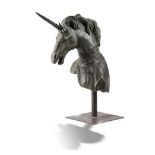 Garden statues: An impressive bronze unicorn head, modern, variegated patina, mounted on iron