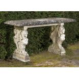 Garden tables: A carved white marble Renaissance style table, Italian, circa 1900, old damages,