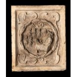 Garden statues: A Coade stone boundary marker plaque depicting the seal of St Olave’s school and its