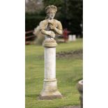 Garden statues: An unusual carved Yorkstone bust of a girl with flowers on pedestal, North