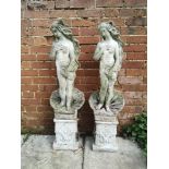 Garden statues: After Botticelli: A pair of composition stone figures of Venus on pedestals, 20th