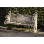 Garden seats: A pair of impressive carved Portland stone seats, 19th century, 180cm long,