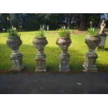Garden pots and urns: A set of four composition stone urns on pedestals, 2nd half 20th century,