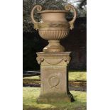 Garden pots and urns: A substantial Doulton stoneware urn on stand, late 19th century , 200cm high ,