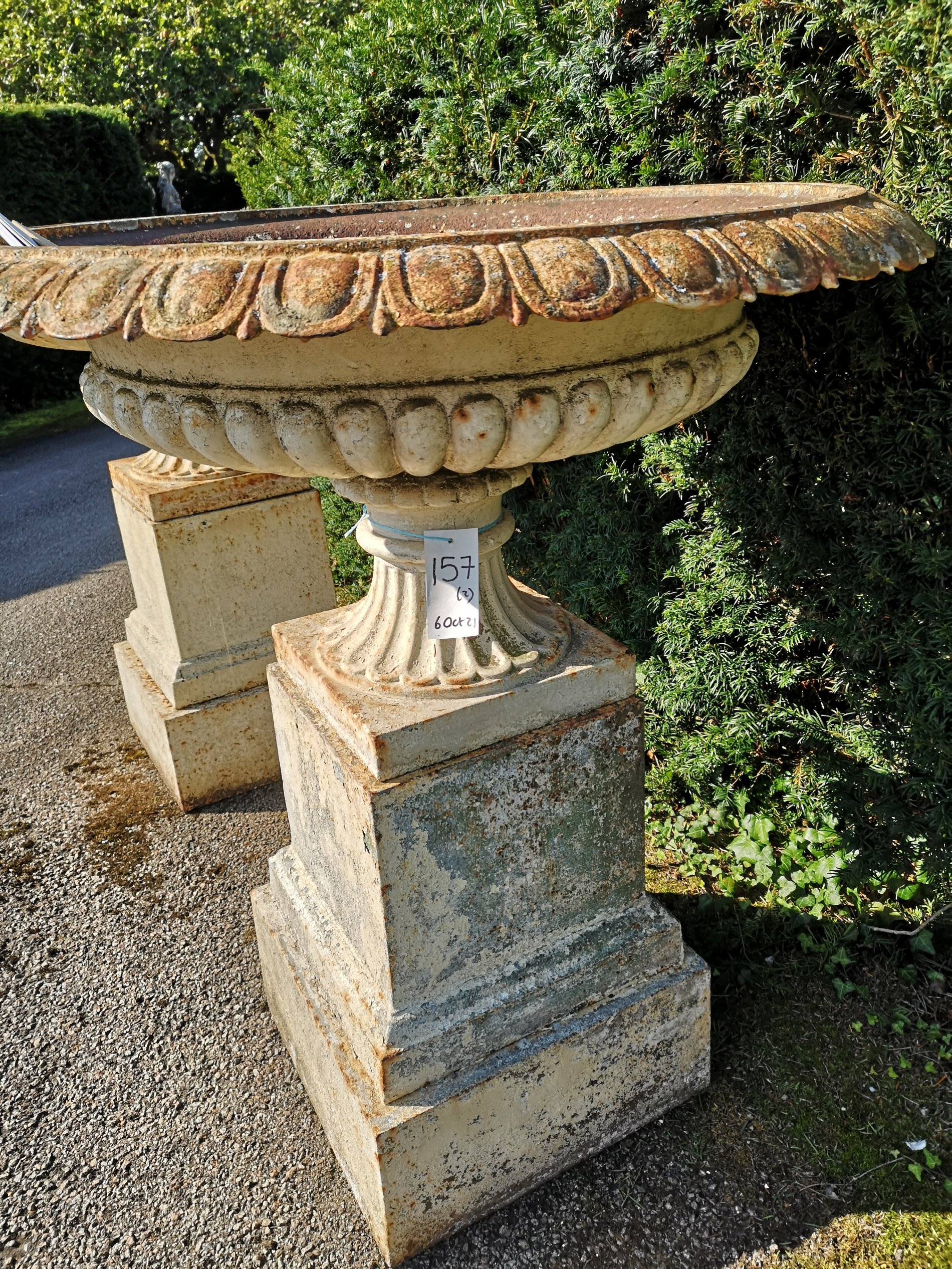 A pair of rare and unusually large Handyside foundry cast iron urns on pedestals - Image 5 of 5