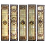 A set of five stained and leaded glass metal framed windows