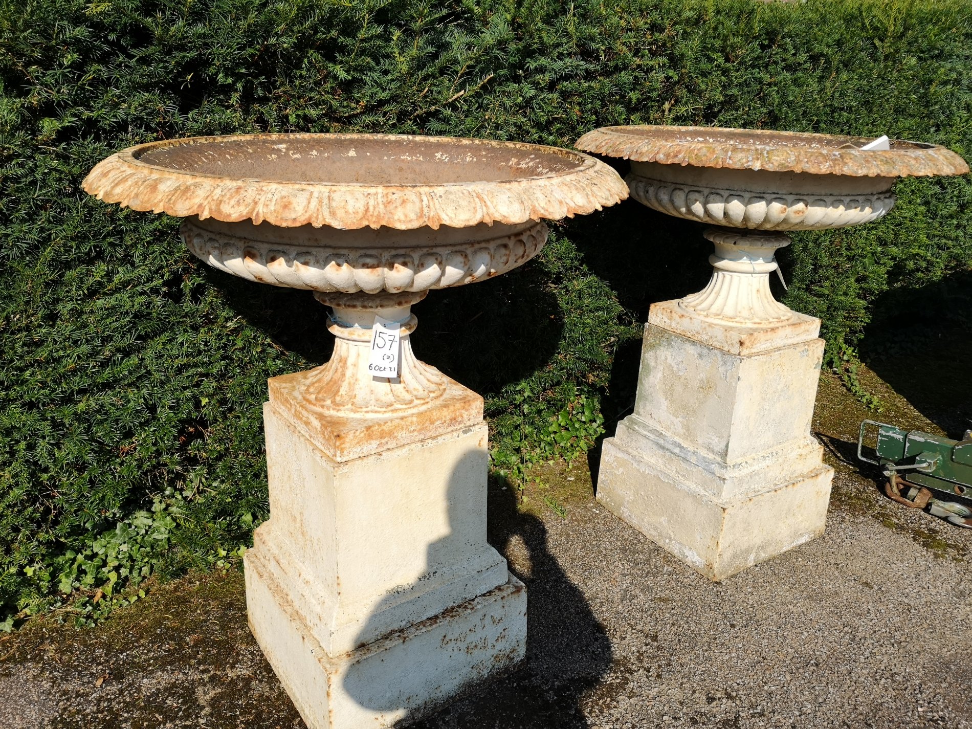 A pair of rare and unusually large Handyside foundry cast iron urns on pedestals - Image 3 of 5