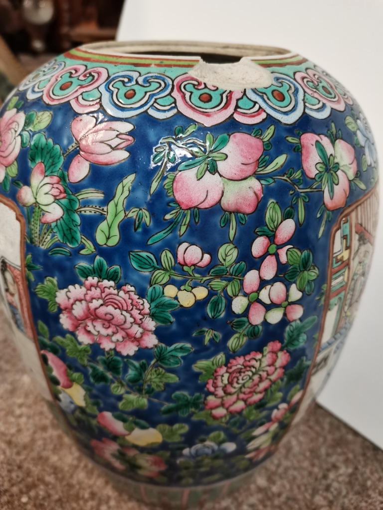 Early Chinese Ginger jar in bright coloured decoration with men/warriors and floral decoration 32cm - Image 4 of 12