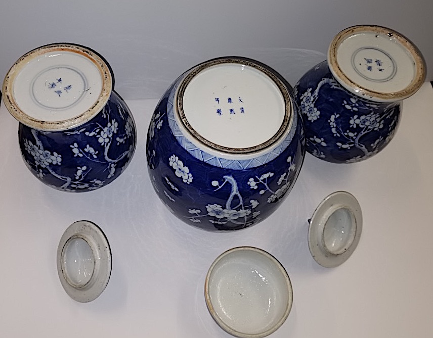 Early Chinese blue and white cherry blossom ginger jars with 4 & 6 character marks and in exc. con - Image 14 of 16