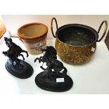 Pair of Marley spelter horses, an early Continental brass cooking pot with Royal style crest