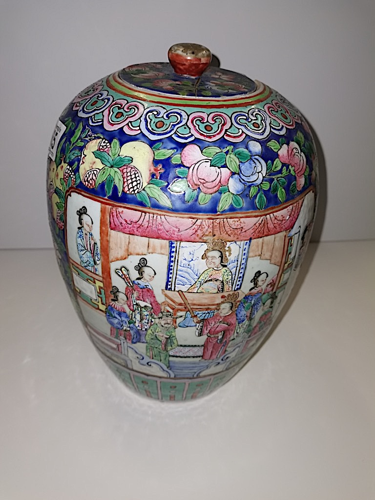 Early Chinese Ginger jar in bright coloured decoration with men/warriors and floral decoration 32cm - Image 9 of 12