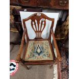 Antique Yew childs high chair with tapestry seat