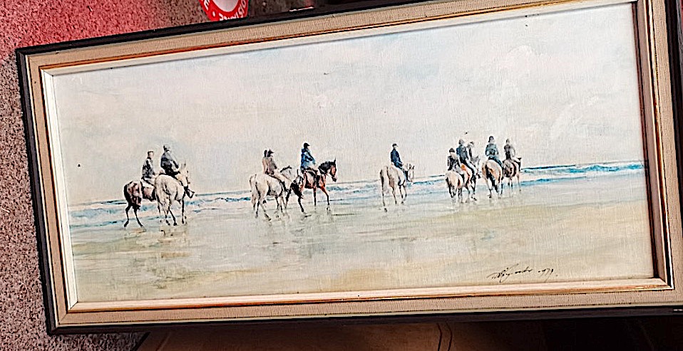 Small oil painting of beech scene with horses signed and dated 30cm H 62cm W