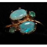 9ct gold 1950s ring 2 x oval opals flanked by 2 green stones size I/ J