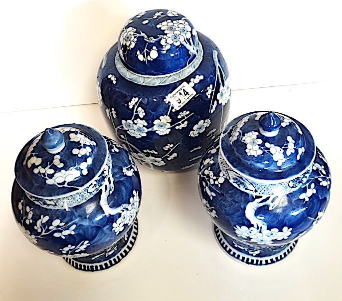 Early Chinese blue and white cherry blossom ginger jars with 4 & 6 character marks and in exc. con